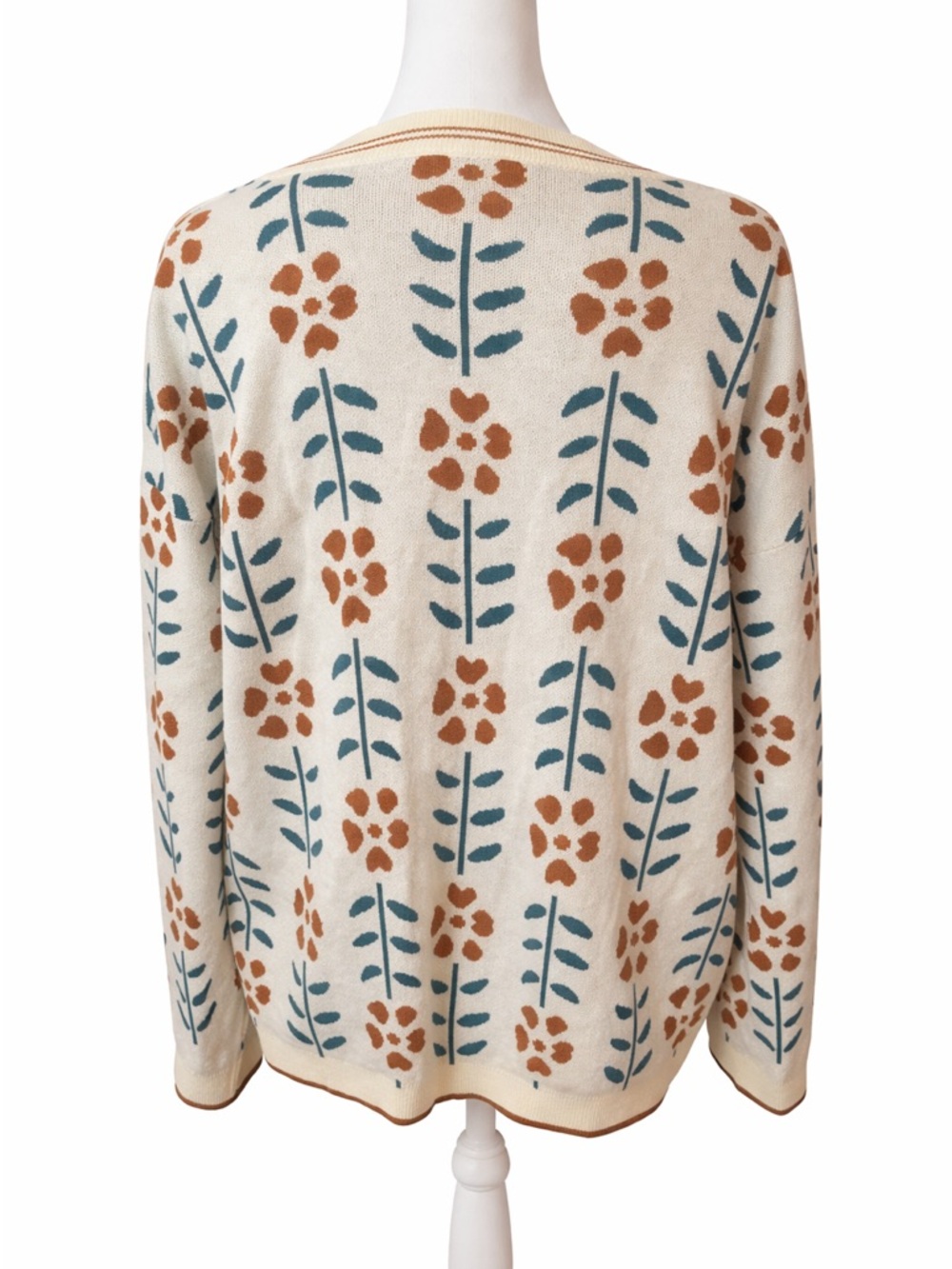 Cream Floral V-Neck Button Cardigan Sweater - Picture 3 of 4